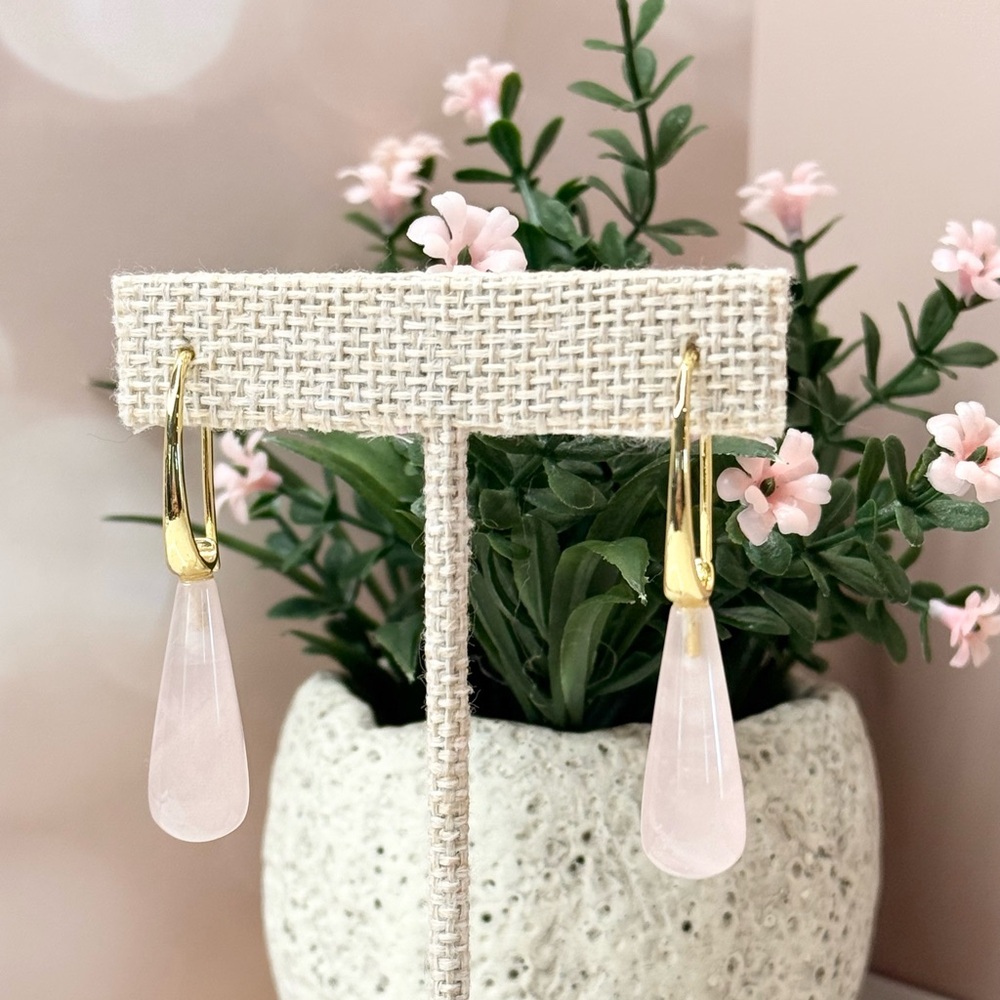 14K Gold Plated Genuine Rose Quartz Teardrop Earrings